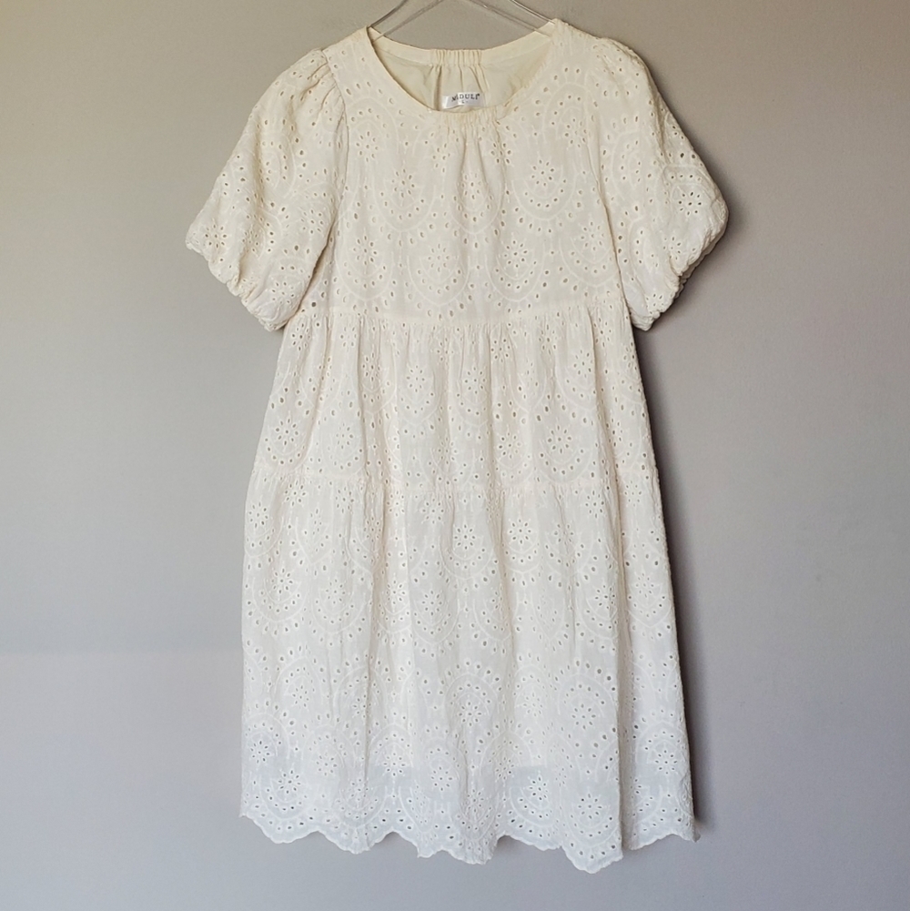 Miduli Puff Sleeve Embroidered Eyelet Lace Midi Dress